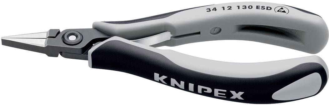 Pince coupante latérale avec manche noir et gris, marque 'Knipex', numéro de modèle '34 12 130 ESD', visible à côté d'une pointe sur la gauche.