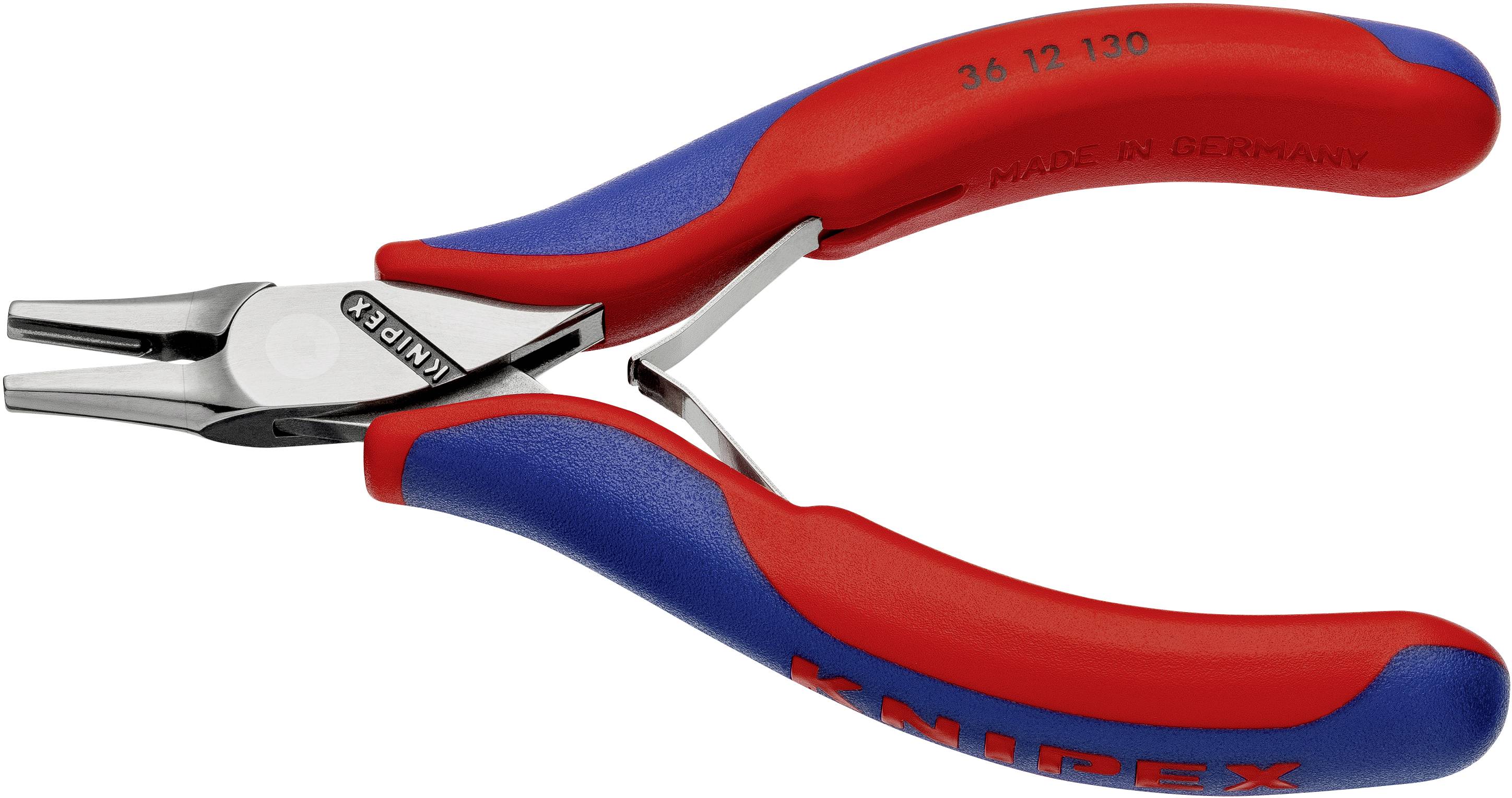 Pince Knipex rouge et bleue avec des poignées ergonomiques et une tête métallique brillante. Inscription 'Made in Germany'.