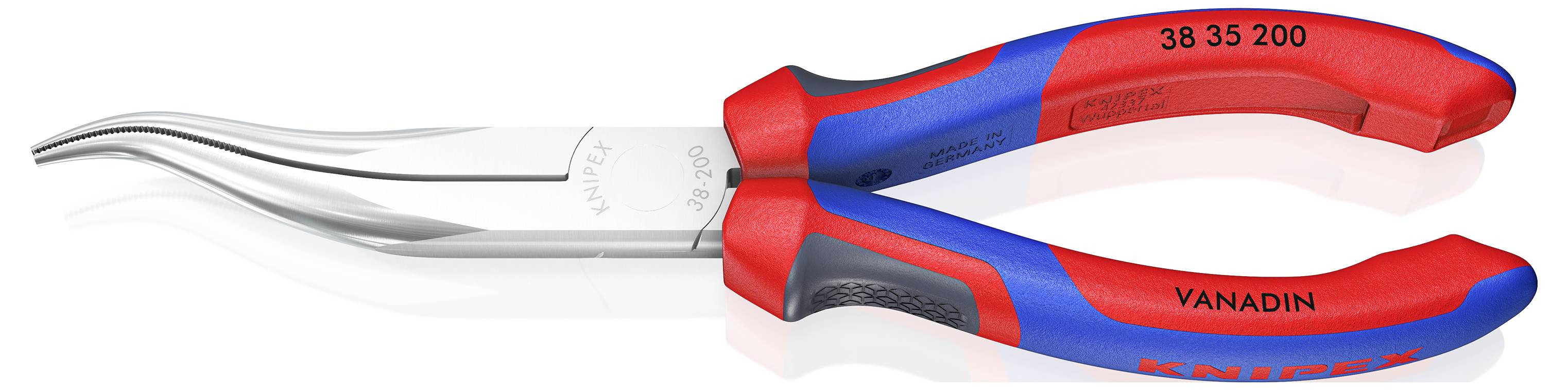 Pince à bec pointu coudée en rouge et bleu portant les inscriptions 'KNIPEX' et 'VANADIN' ; longueur 200 mm, adaptée aux travaux de précision.