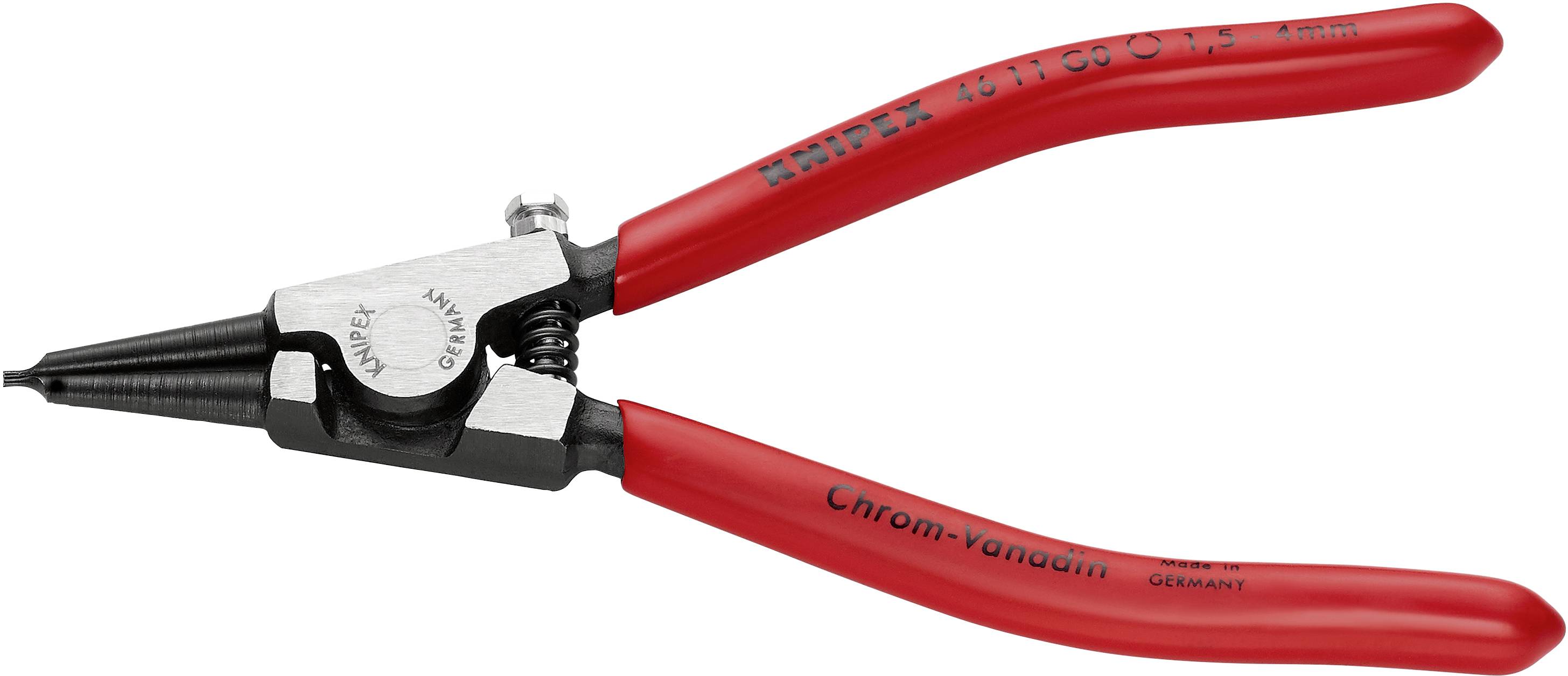 Pince à circlips rouge avec embouts noirs. Texte sur la poignée : 'Chrome-Vanadium' et autres détails techniques. Adaptée aux travaux de montage.