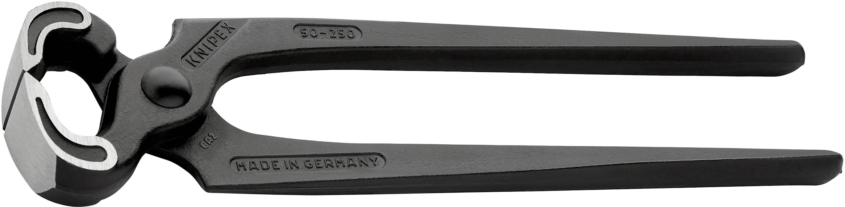 Pince coupante avec joues incurvées pour un retrait facile des clous et des fils. Le nom du fabricant est visiblement gravé. Bonne ergonomie.