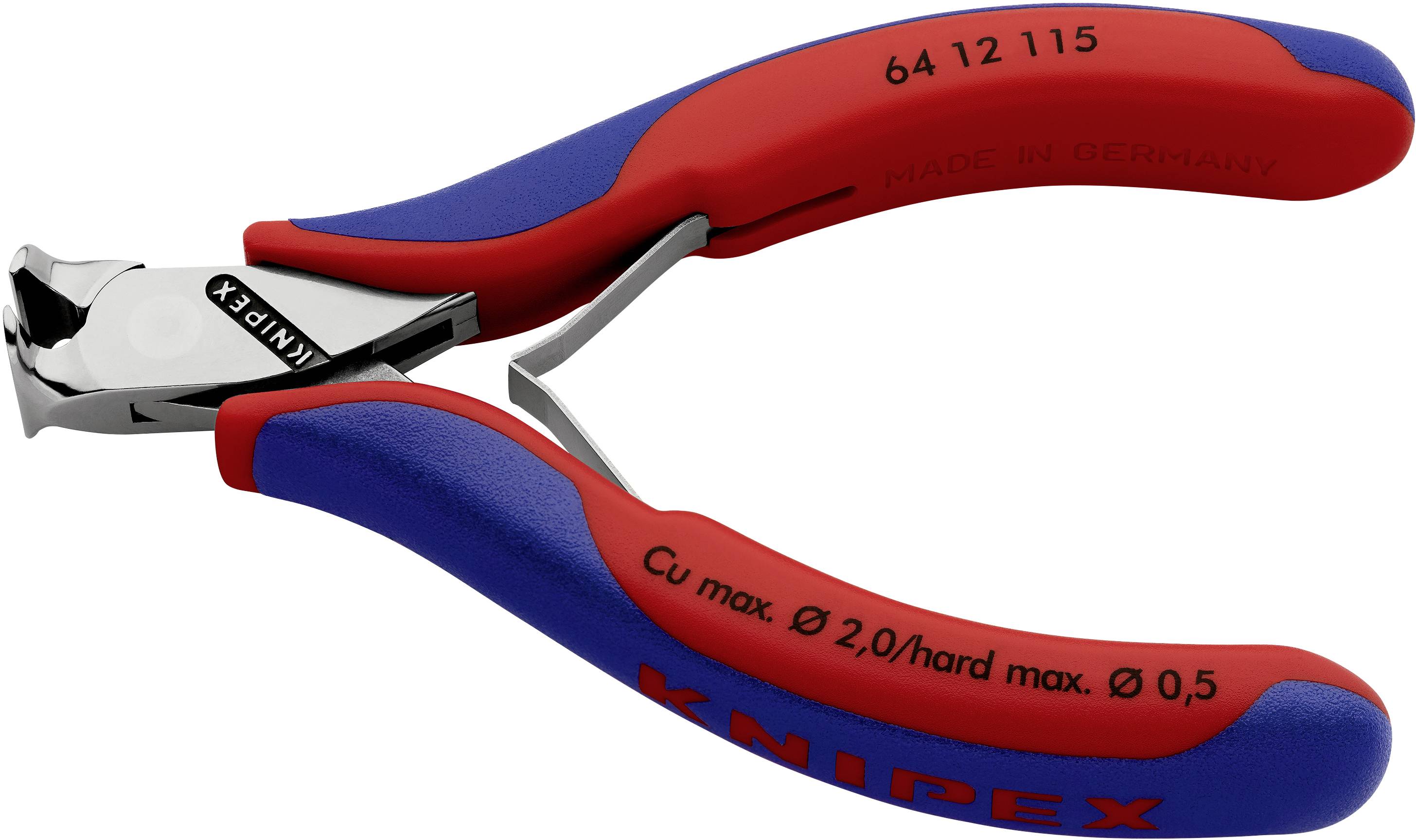 Une pince Knipex rouge et bleue portant l'inscription 'Cu max. Ø 2,0/hard max. Ø 0,5'. Fabriquée en Allemagne, numéro de modèle 64 12 115.