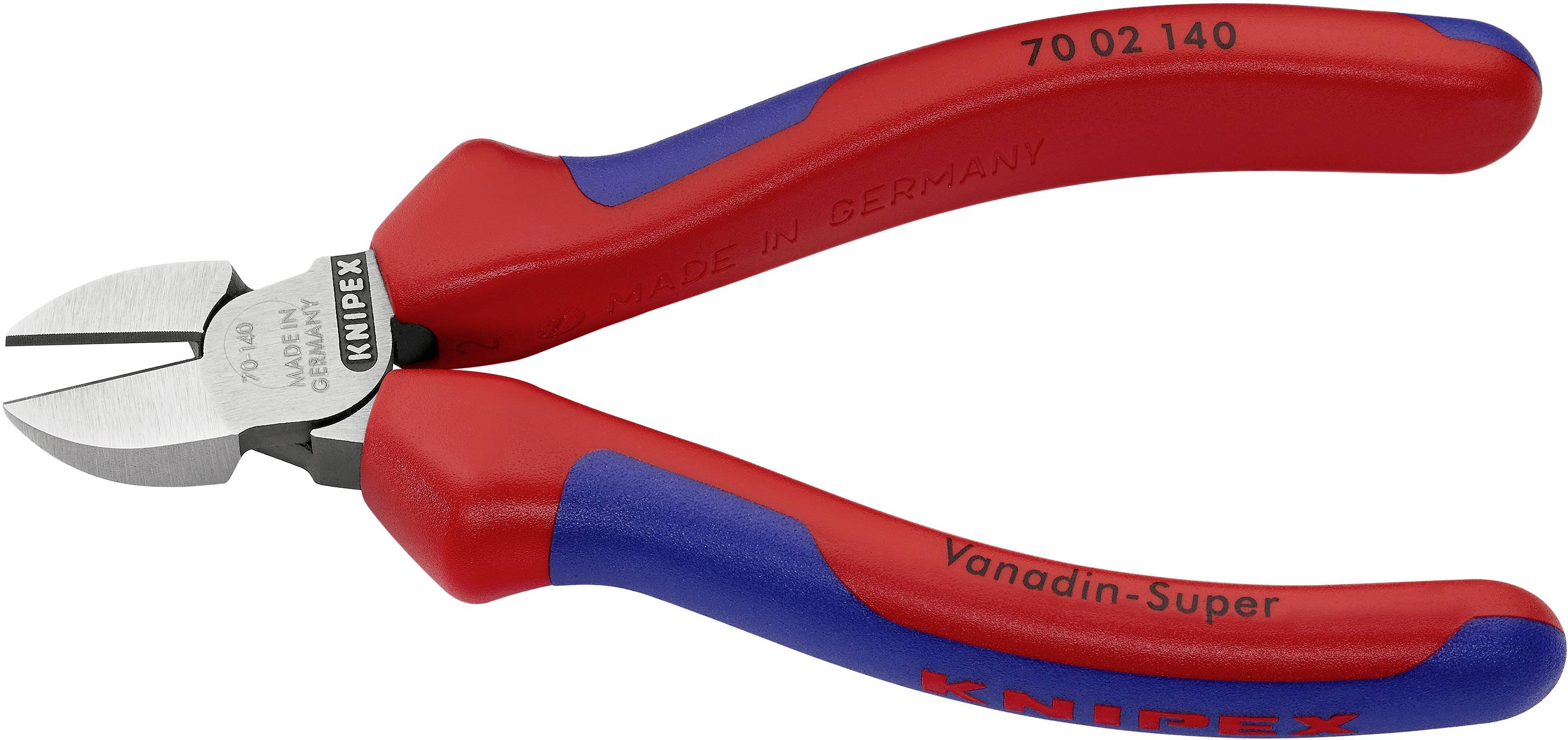 Pince coupante latérale rouge et bleue de la marque Knipex, adaptée pour la coupe précise de fils. Inscription : 'Vanadin-Super'.