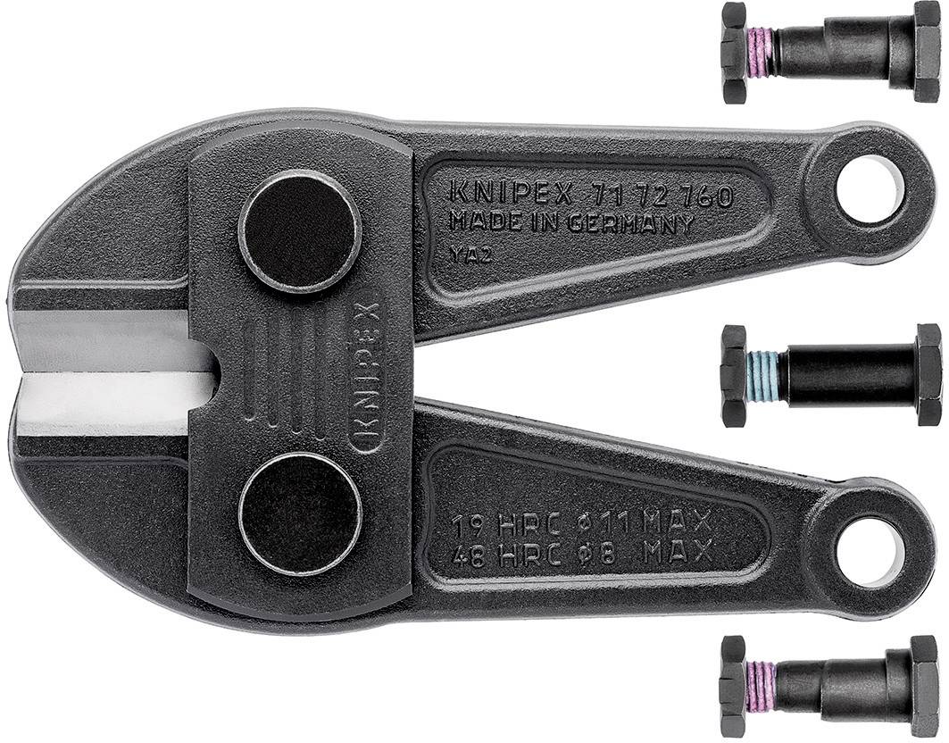 Coupe-boulons en métal avec deux poignées noires, marqué 'Knipex 71 72 760 Made in Germany'. À côté, deux vis interchangeables.