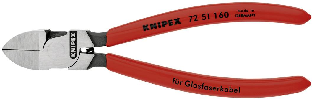 Un coupe-câbles latéral Knipex rouge, spécialement conçu pour couper les câbles à fibres optiques, fabriqué en Allemagne.
