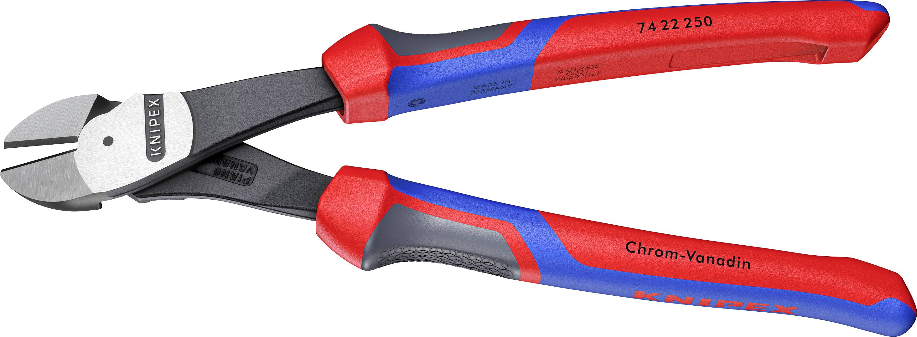 Coupe-boulons diagonaux Knipex à poignées rouge et bleue avec mâchoires noires, étiquetés 'Chrom-Vanadin' et portant le numéro de modèle '7422 250'.