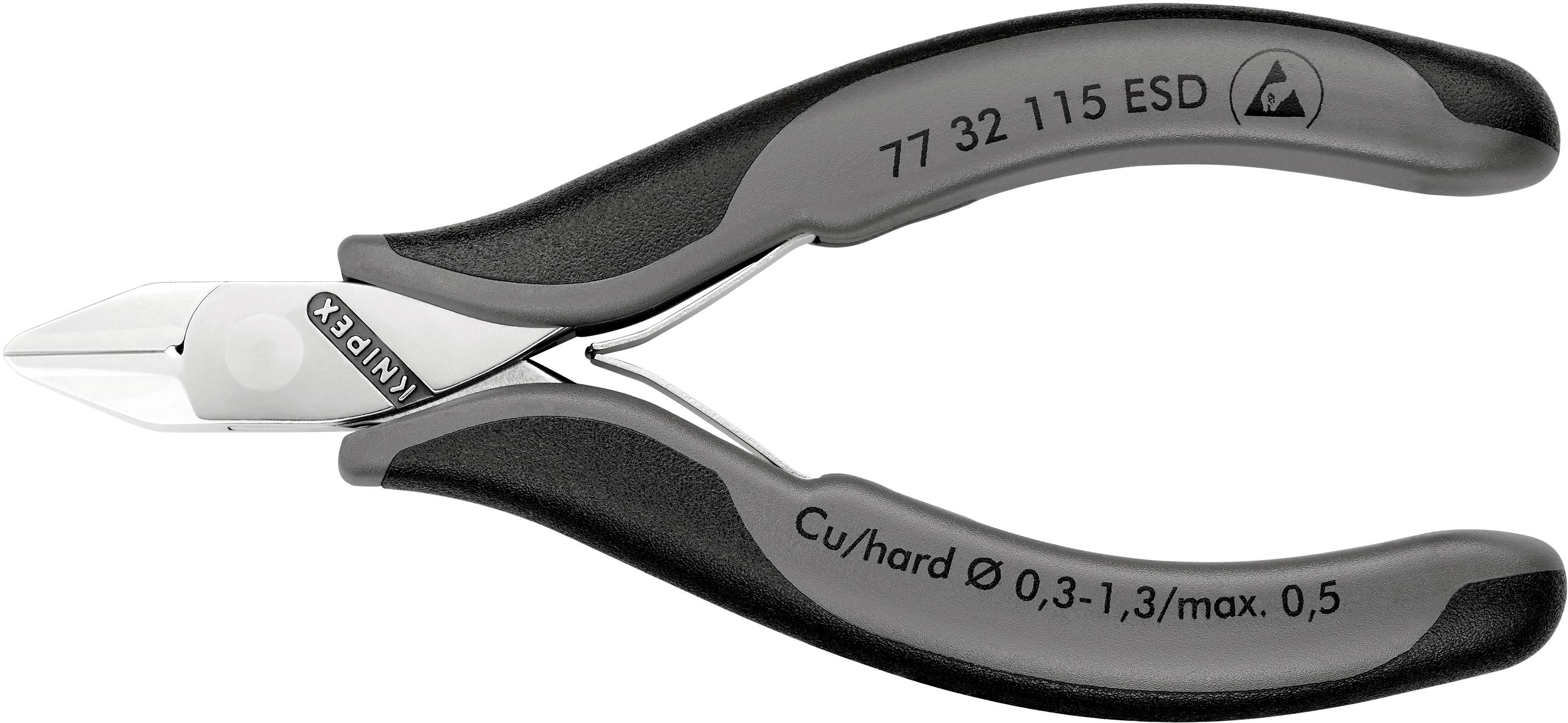 Un coupe-câbles avec manche noir, portant l'inscription 'KNIPEX'. Adapté pour Cu/dur Ø 0,3-1,3/max. 0,5.