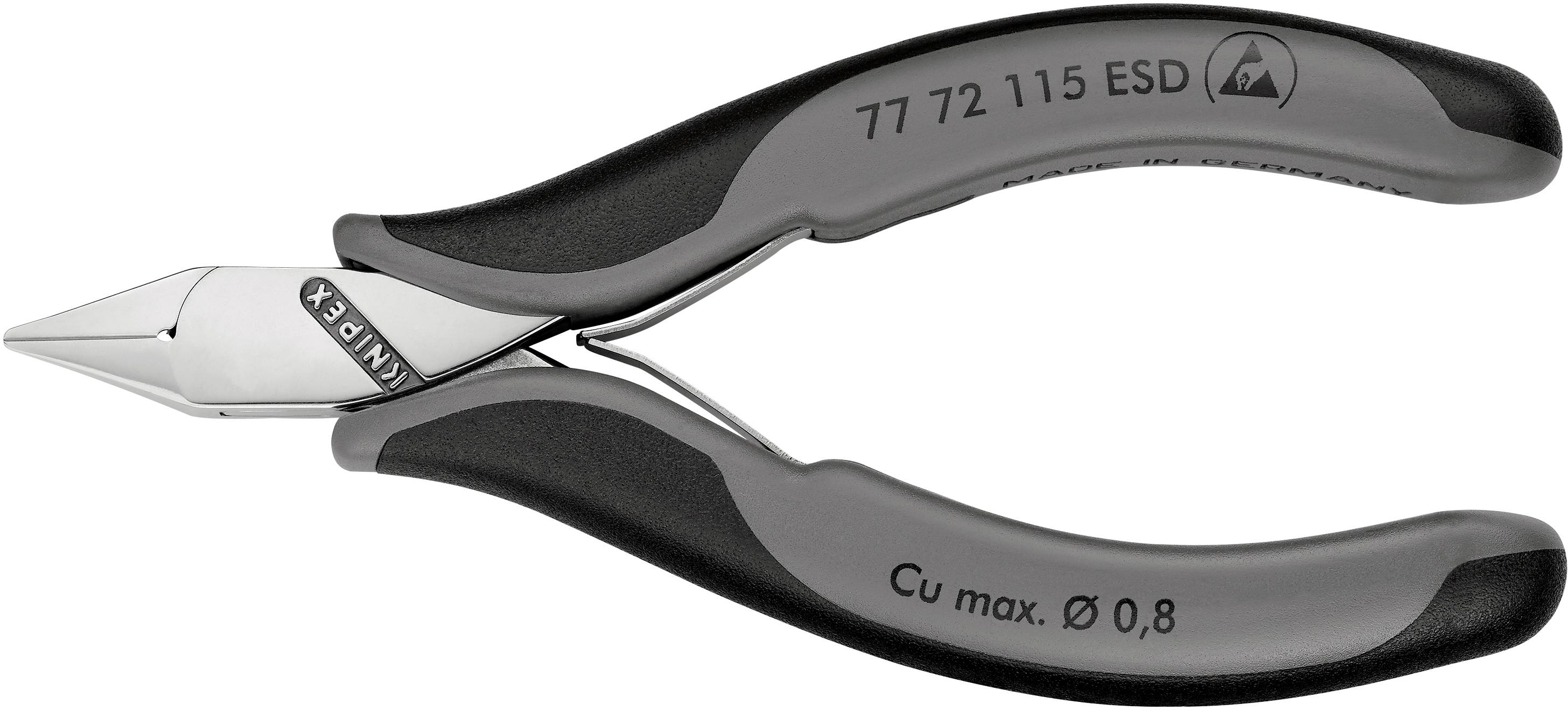 Une pince coupante latérale noire portant l'inscription 'Knipex' et 'Cu max. Ø 0,8', adaptée aux travaux électriques de précision.