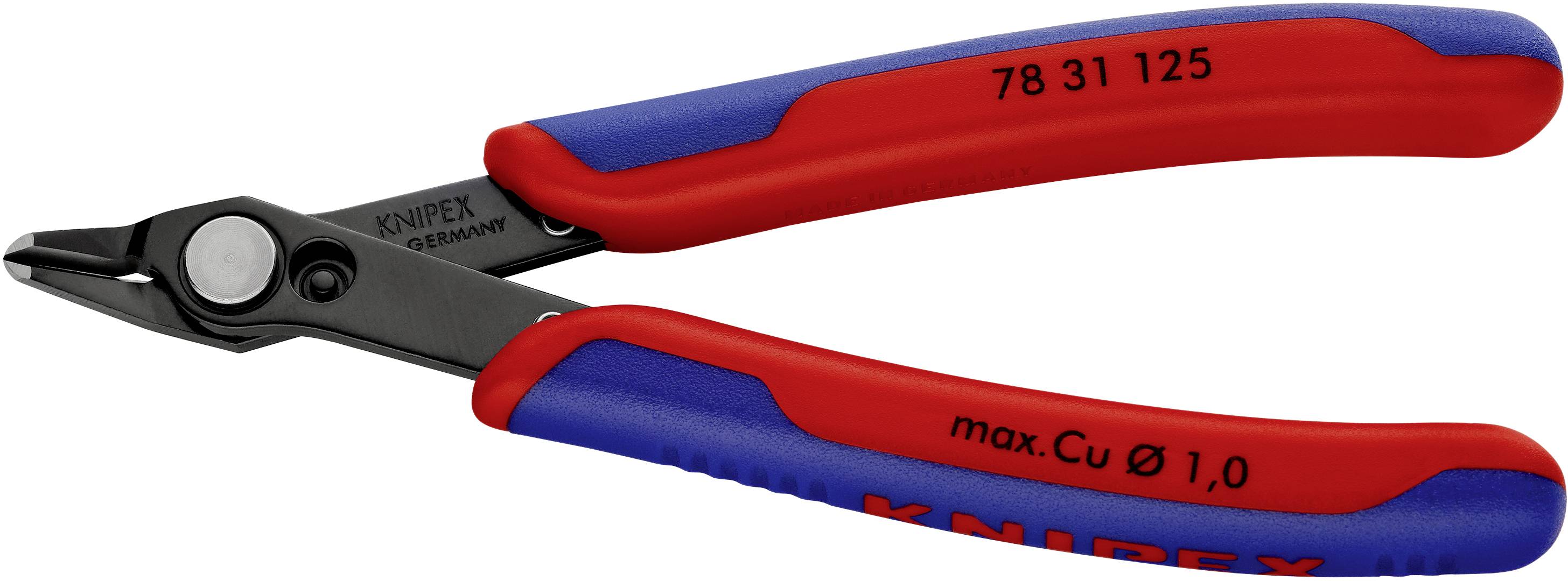 Coupe-câbles rouge et bleu de la marque Knipex avec inscription « max. Cu Ø 1,0 ».