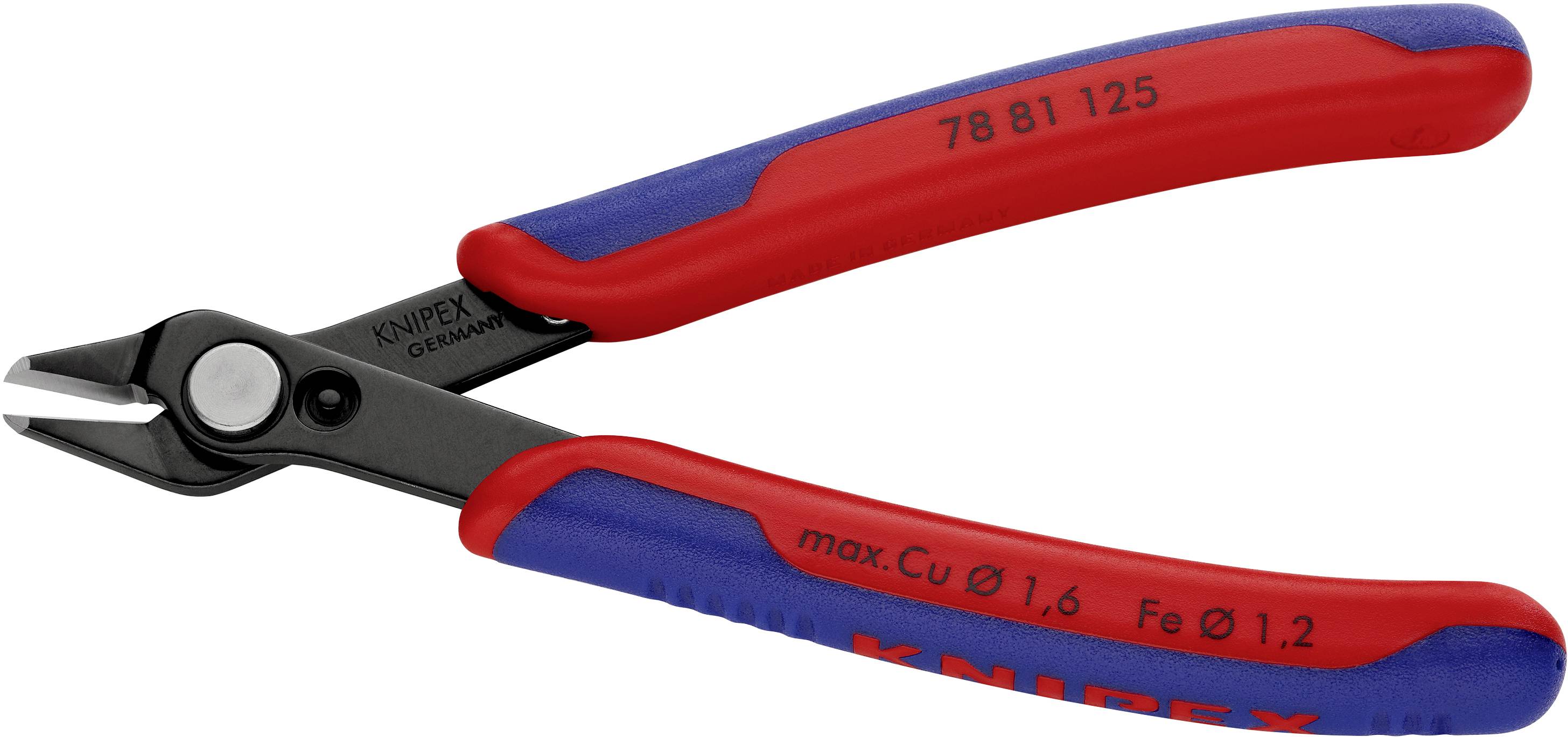 Une pince Knipex rouge et bleue, modèle 78 81 125, adaptée pour couper du fil de cuivre jusqu'à 1,6 mm et du fil de fer jusqu'à 1,2 mm.