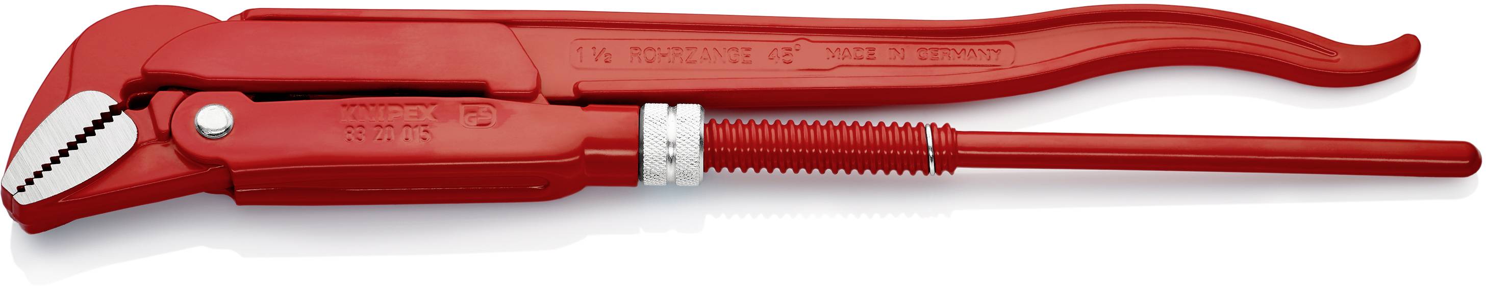 Pince à tuyau en métal rouge avec tête pivotante et poignée striée, idéale pour saisir et faire tourner des tuyaux et autres objets ronds.
