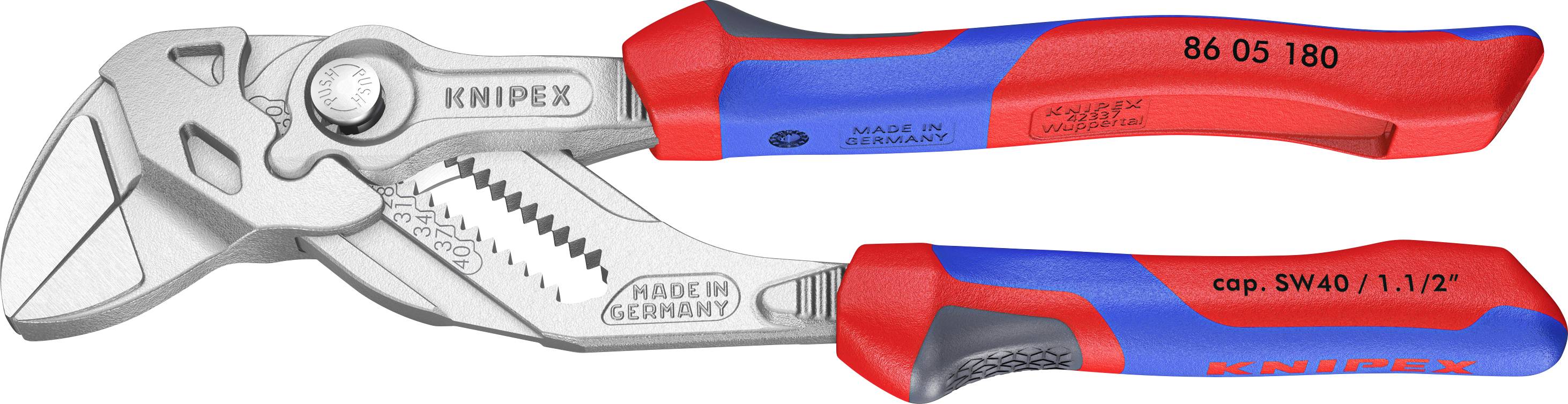 Les pinces de monteur à poignées rouges et bleues, marquées « KNIPEX », « Made in Germany » et « 86 05 180 ». Elles présentent une mâchoire multi-rainures et dentelée.