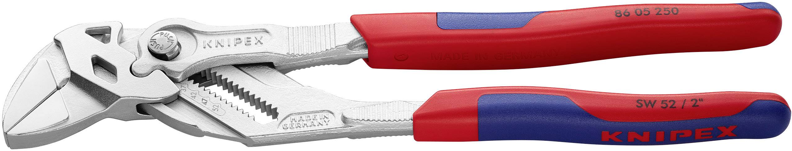 Pince multiprise rouge et bleue de Knipex avec mâchoires réglables et poignée ergonomique pour une prise en main sûre lors des travaux.