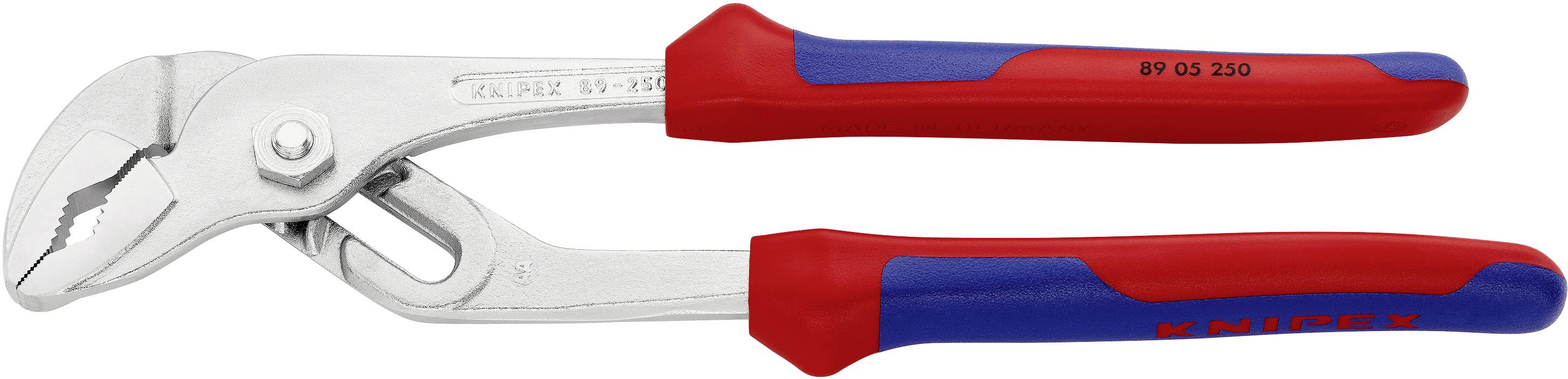 Une pince multiprise rouge et bleue à mâchoire ajustable, adaptée pour saisir et faire tourner des tuyaux et autres matériaux.