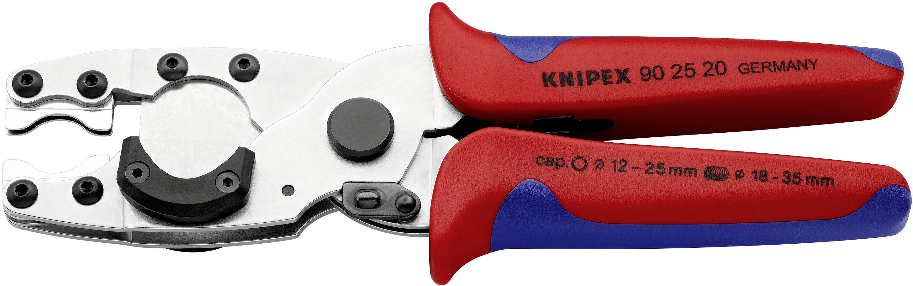 Outil : Coupe-câble à cliquet avec poignées rouges, adapté pour des diamètres de câble de 12-35 mm, marque et modèle imprimés sur la poignée.