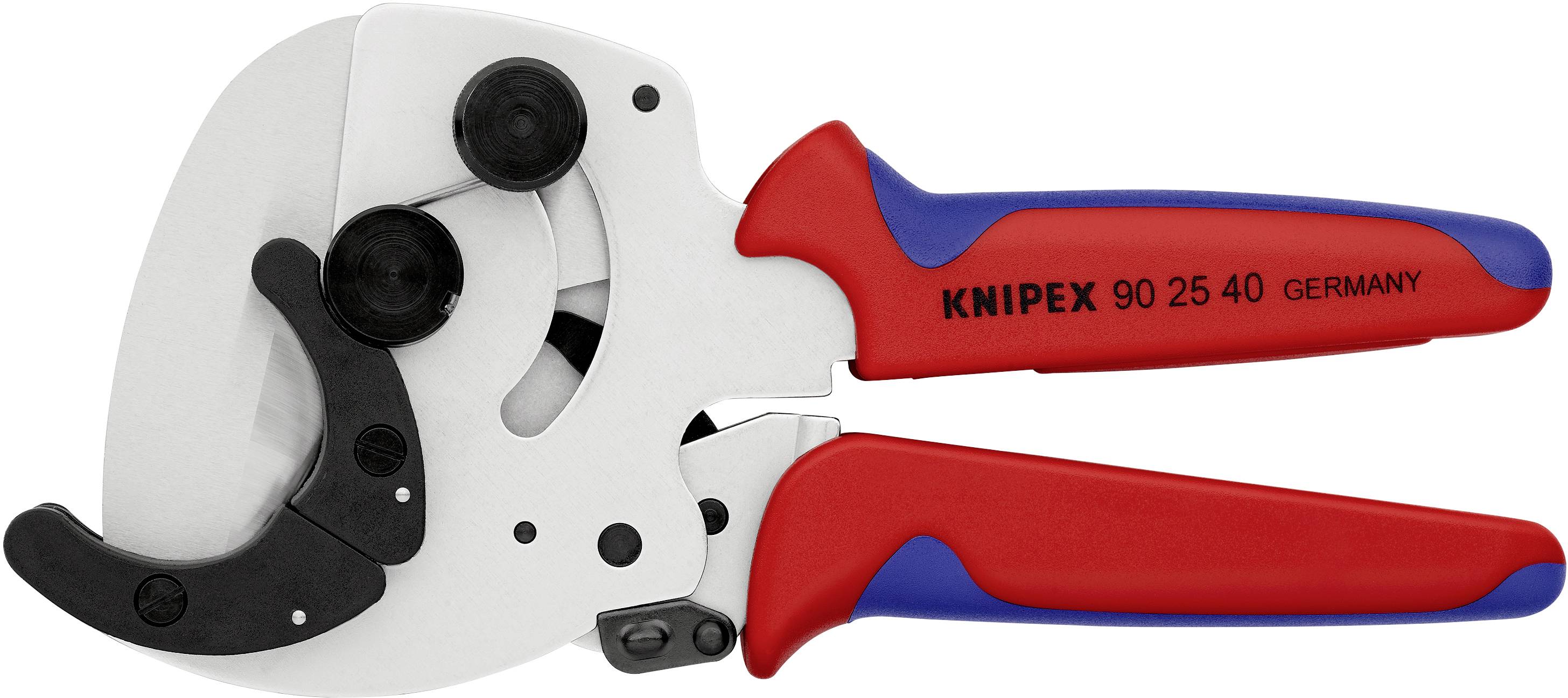 Coupe-câbles avec poignées rouge et bleue, marque Knipex et numéro de modèle 90 25 40 imprimés, fabriqués en Allemagne.