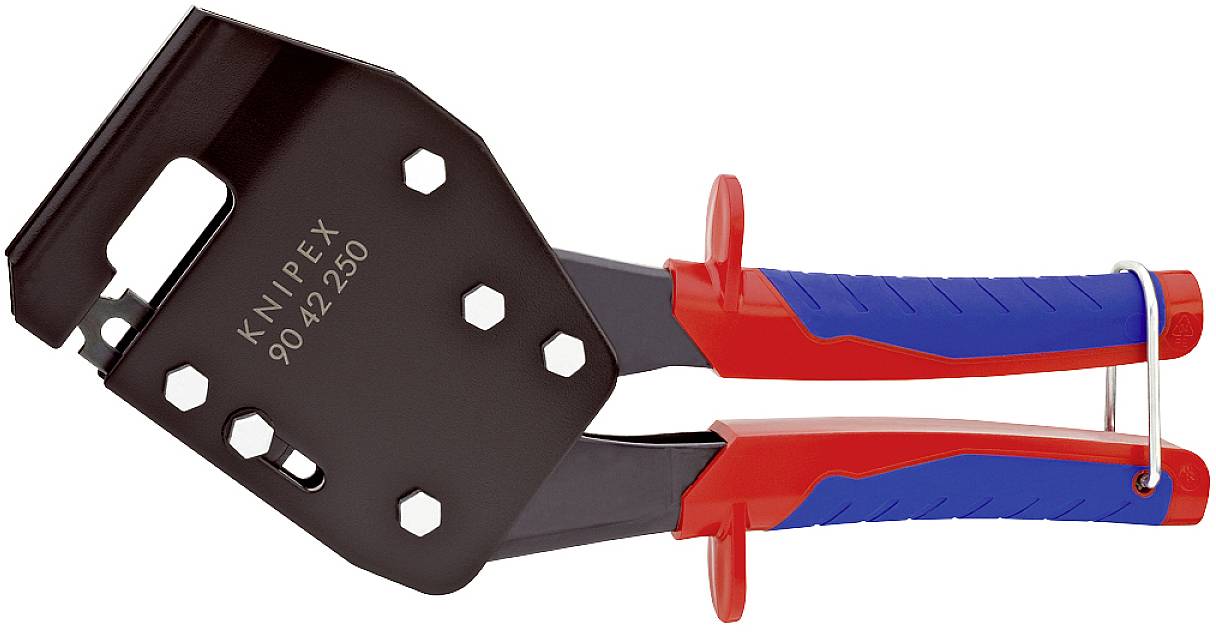 Une pince à bec de Knipex, référence 9042250, rouge et bleue, avec une tête noire et plusieurs trous.