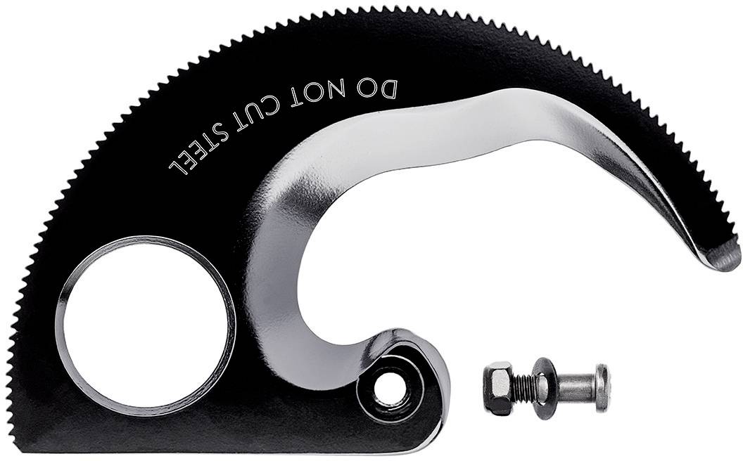 Pièce de rechange d'une machine à découper portant l'inscription 'DO NOT CUT STEEL', composée d'un demi-cercle dentelé et d'une petite vis.