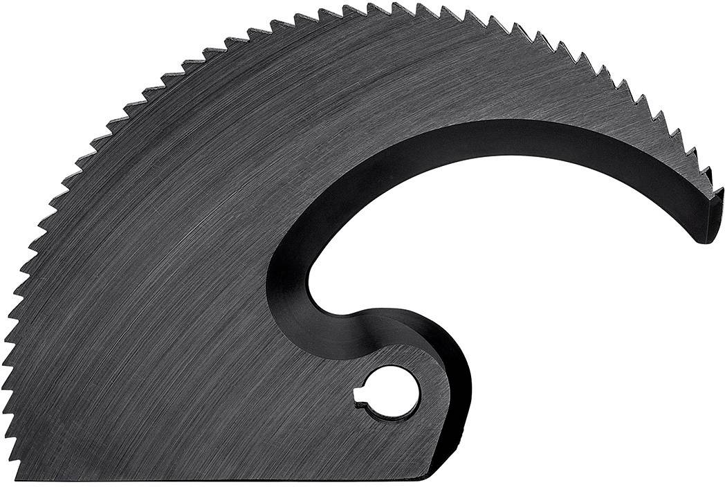 Outil métallique noir dentelé en demi-cercle. Il présente une ouverture centrale pour la fixation et un bord tranchant et incurvé.
