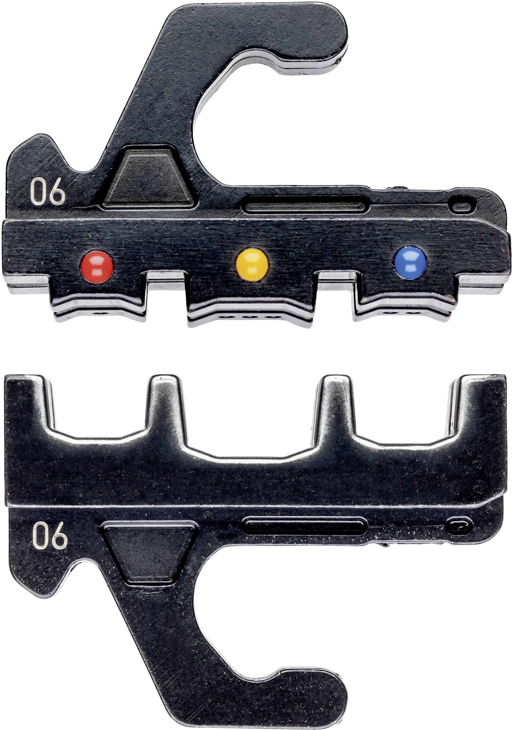 Un outil noir multifonctionnel montré sous deux perspectives, avec des découpes et trois points colorés (rouge, jaune, bleu).