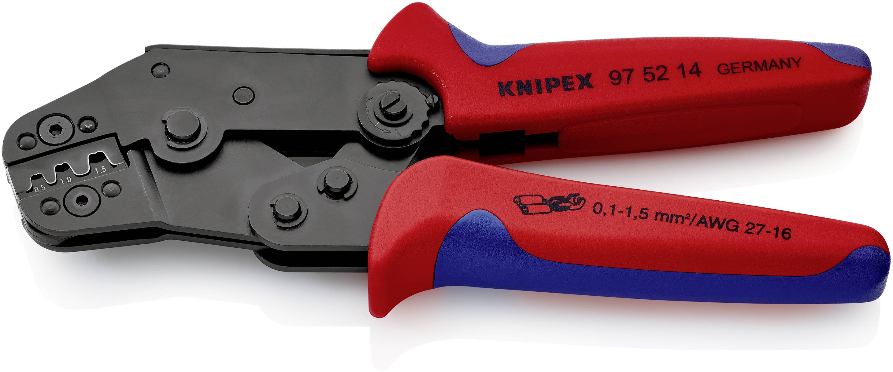 Pince à sertir rouge et noire de la marque KNIPEX, numéro de modèle 97 52 14. Adaptée pour les câbles de section 0,1–1,5 mm²/AWG 27–16.