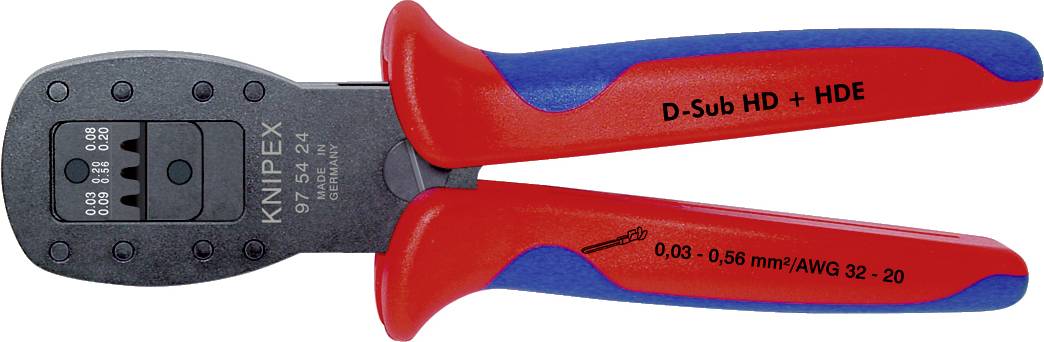 Une pince à sertir rouge et bleue de KNIPEX pour câbles D-Sub, avec les spécifications : « D-Sub HD + HDE » et « 0,03 - 0,56 mm²/AWG 32 - 20 ».