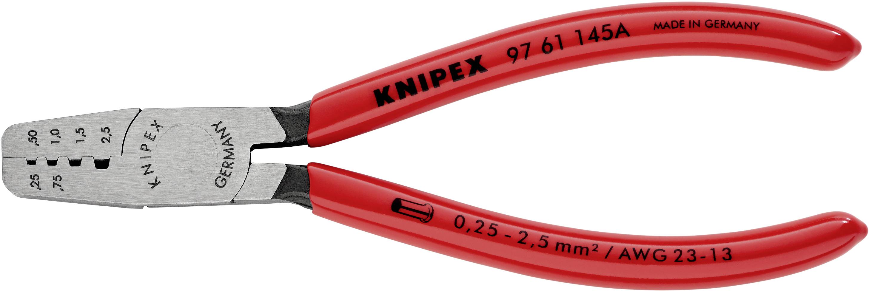 Sur l'image, on peut voir une pince à sertir rouge de la marque Knipex, dotée d'échelles pour des sections de fils comprises entre 0,25 et 2,5 mm².