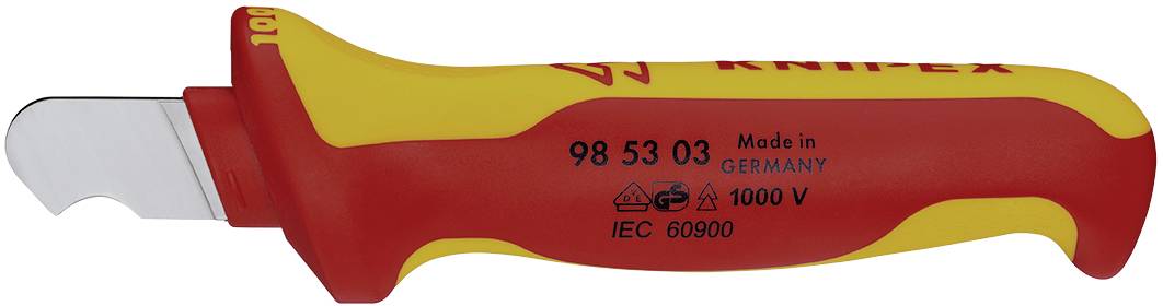 Couteau à câbles isolé avec poignée rouge et jaune, étiqueté '98 53 03 Made in Germany', adapté pour des tensions jusqu'à 1000 V.