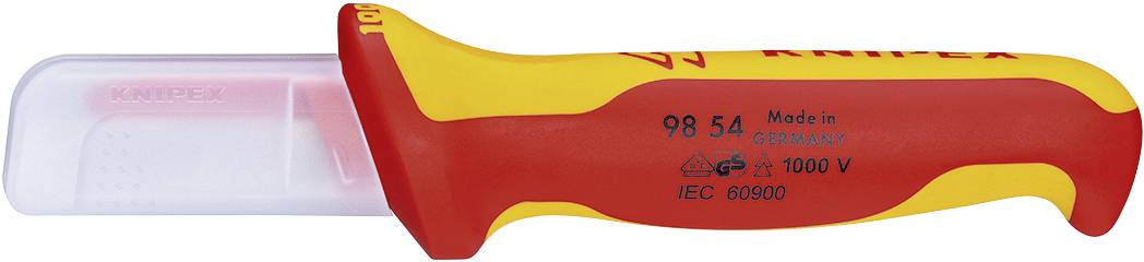 Pince de cosse isolée en rouge et jaune avec capuchon de protection, adaptée aux travaux jusqu'à 1000V, fabriquée en Allemagne.