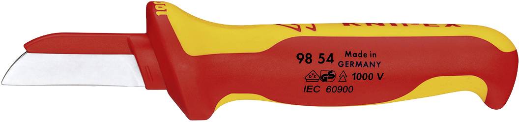 Couteau isolé avec manche rouge et jaune, adapté jusqu'à 1000 V. Inscription : « Made in Germany », « IEC 60900 ».