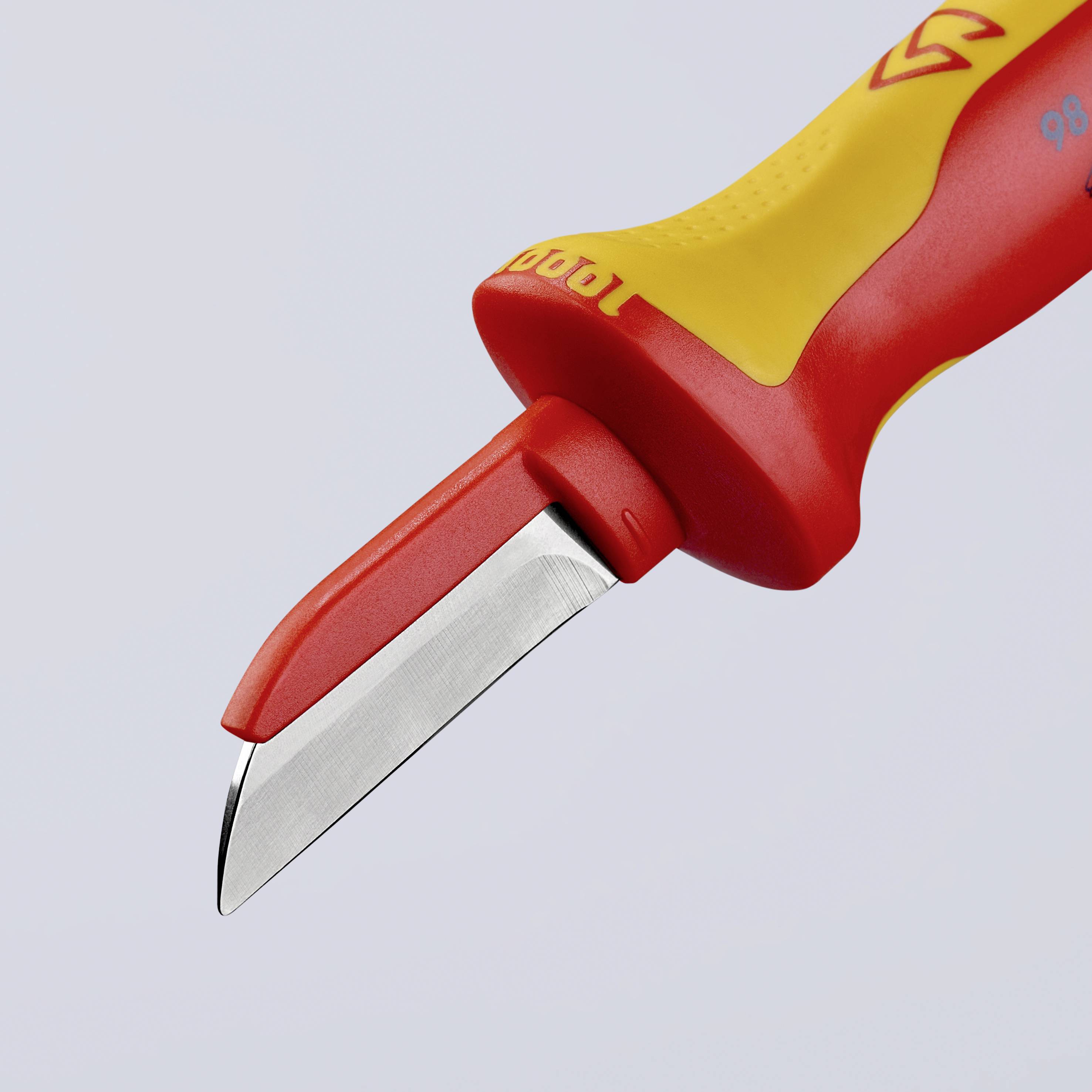 Couteau multicolore de dénudage électrique avec poignée de protection et lame incurvée, conçu pour le dénudage sécurisé des câbles.