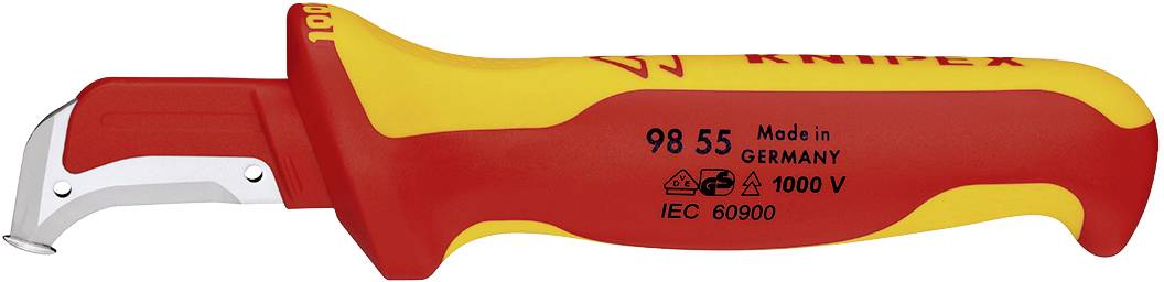 Couteau à dénuder avec manche jaune et rouge, inscription 'Made in Germany', adapté aux travaux jusqu'à 1000 V, IEC 60900.