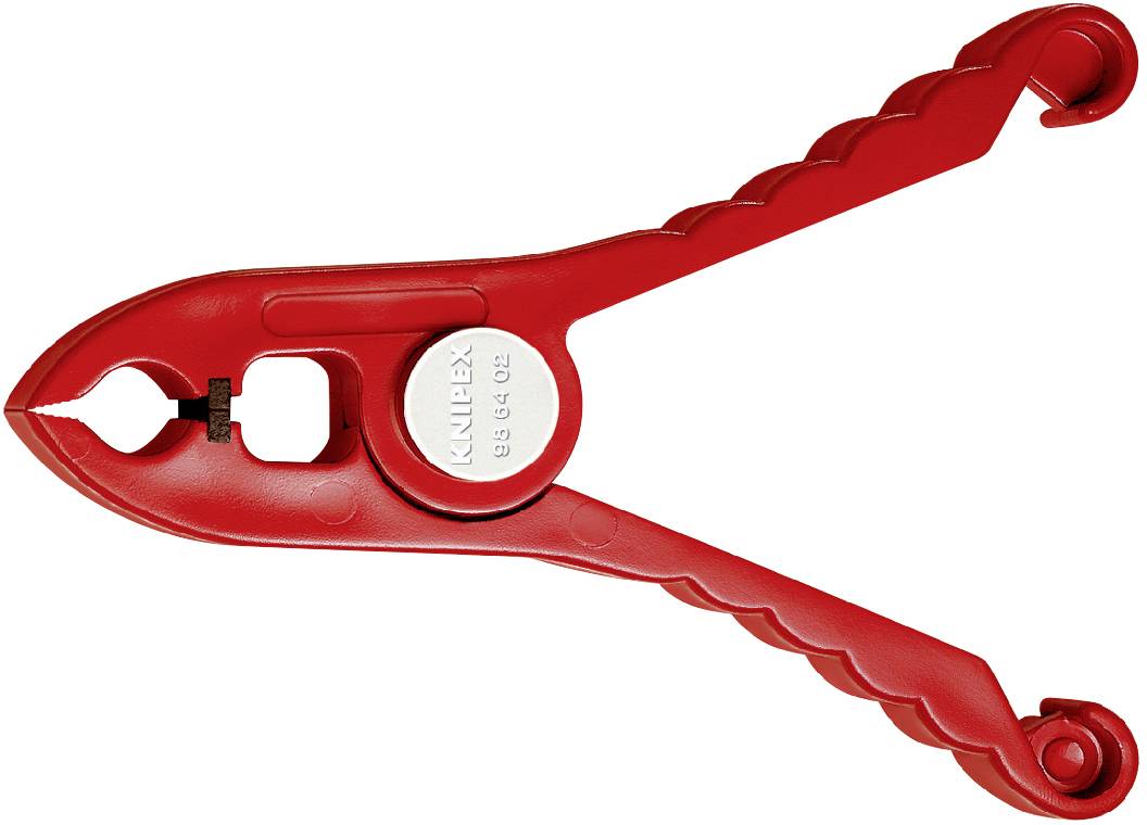 Pince KNIPEX rouge à dentelures, avec poignées antidérapantes, adaptée pour fixer des tuyaux ou des câbles. Matériau principal : plastique.