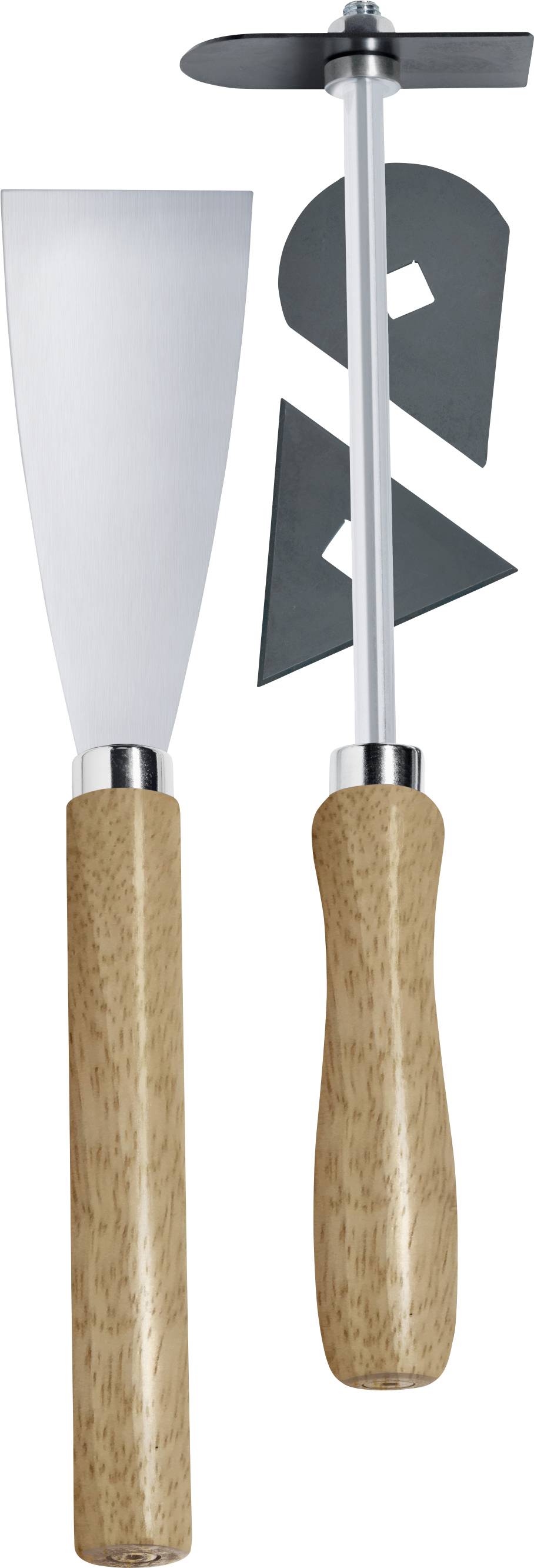 Deux outils avec des manches en bois : à gauche, une large spatule, à droite un outil à lame étroite avec deux disques métalliques.