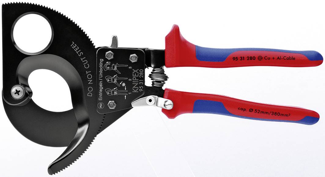 Un coupe-câbles rouge et bleu avec une lame noire, adapté pour couper les câbles en cuivre et en aluminium jusqu'à 52 mm de diamètre.