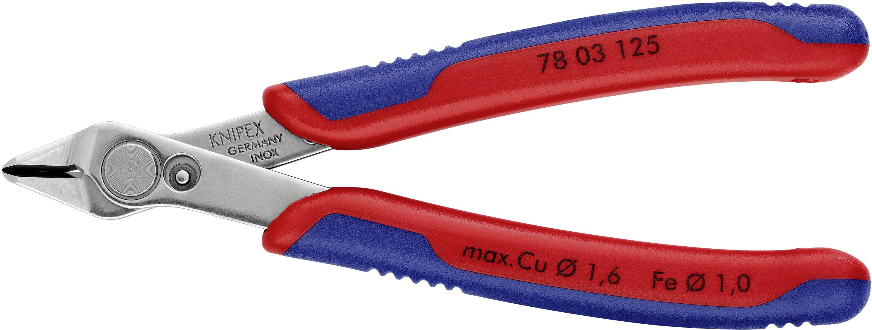 Pince avec poignées rouges et bleues ; sur la lame est inscrit 'Knipex Germany'. Adaptée pour couper des fils jusqu'à un diamètre max. de Cu Ø 1,6 mm, Fe Ø 1,0 mm.