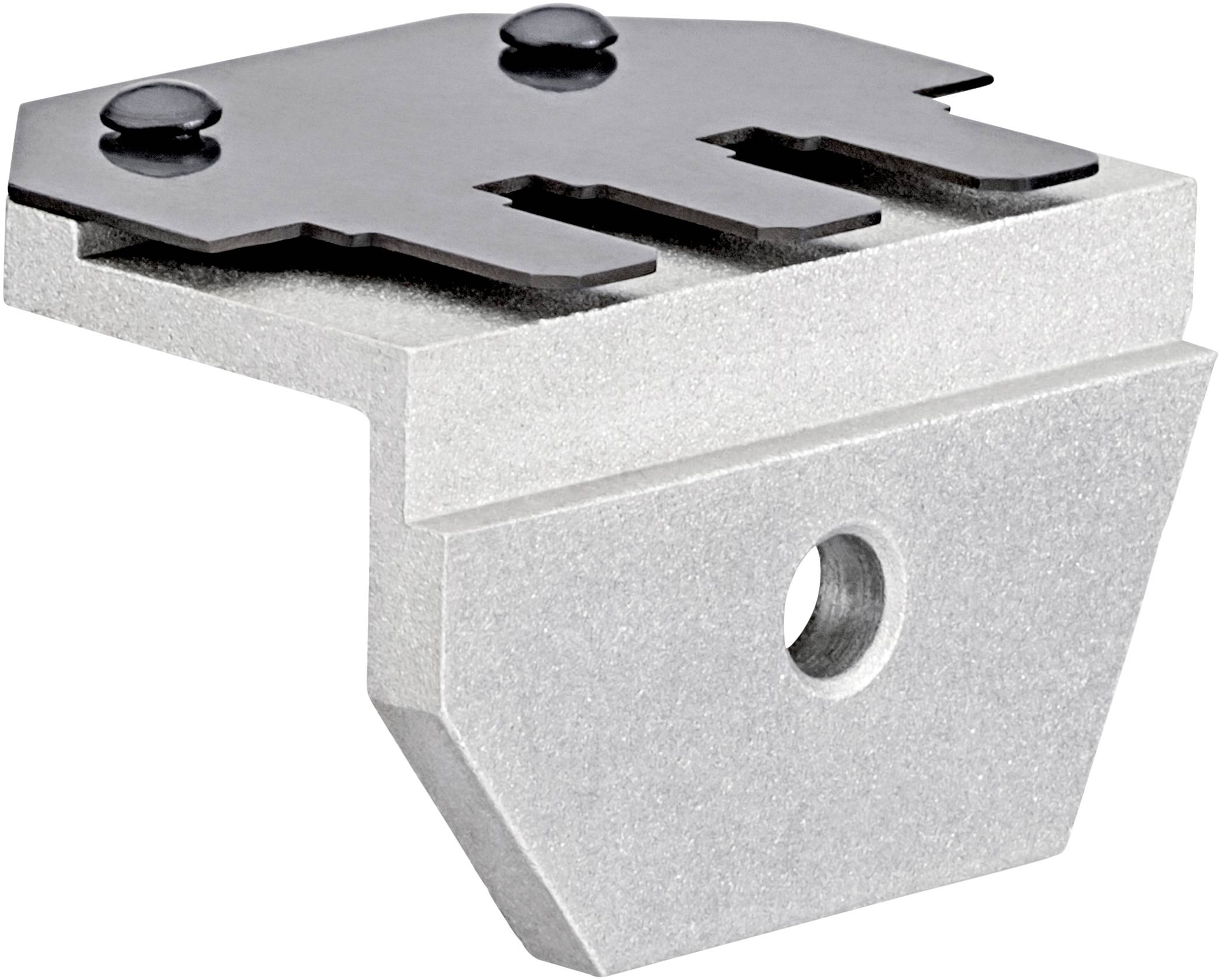 Un équerre de fixation métallique avec un trou de perçage pour le montage, en matériau gris avec une surface supérieure sombre et aplatie.