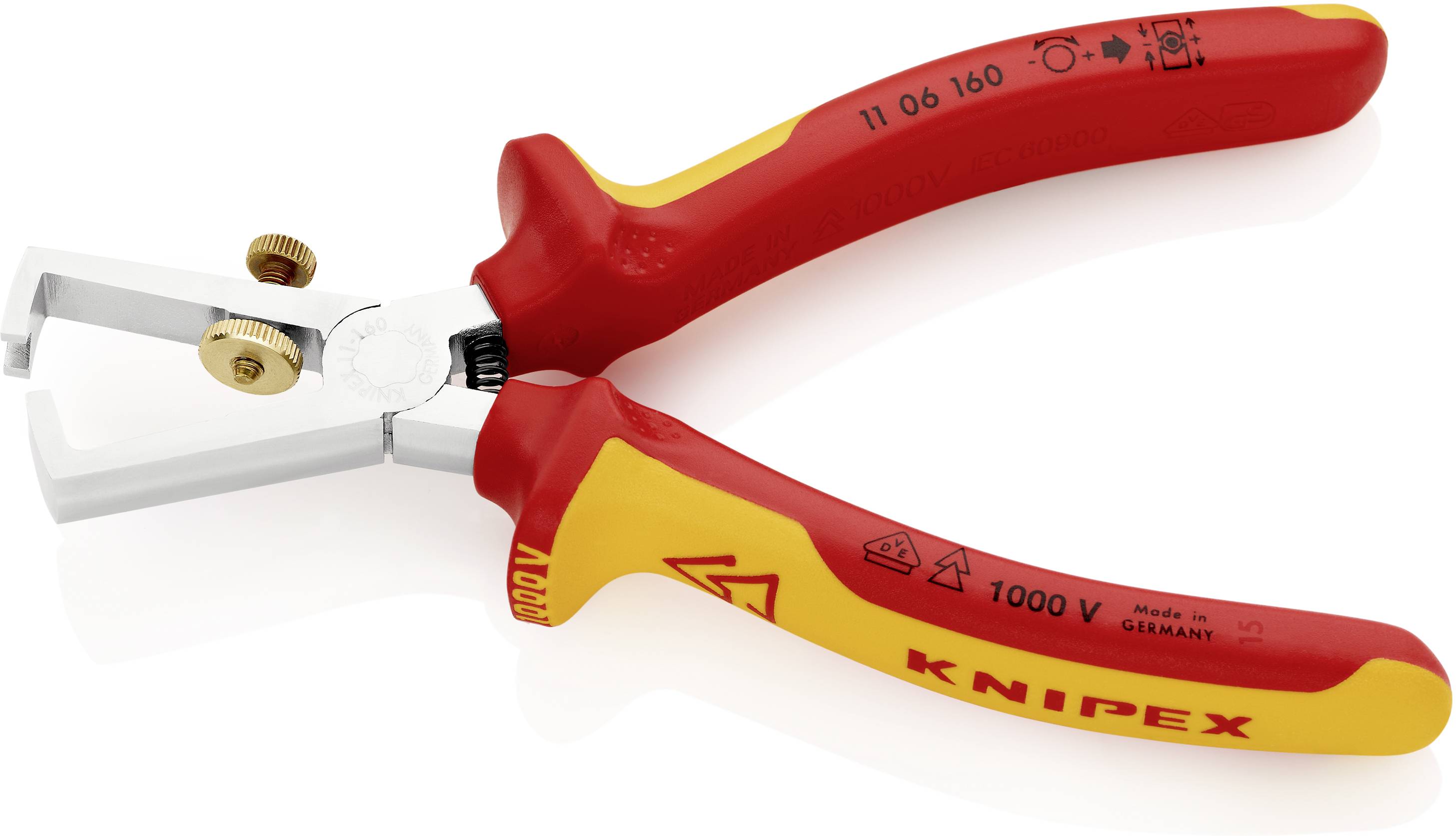 Une pince à dénuder Knipex rouge et jaune pour applications professionnelles. Adaptée pour des tensions jusqu'à 1000V.