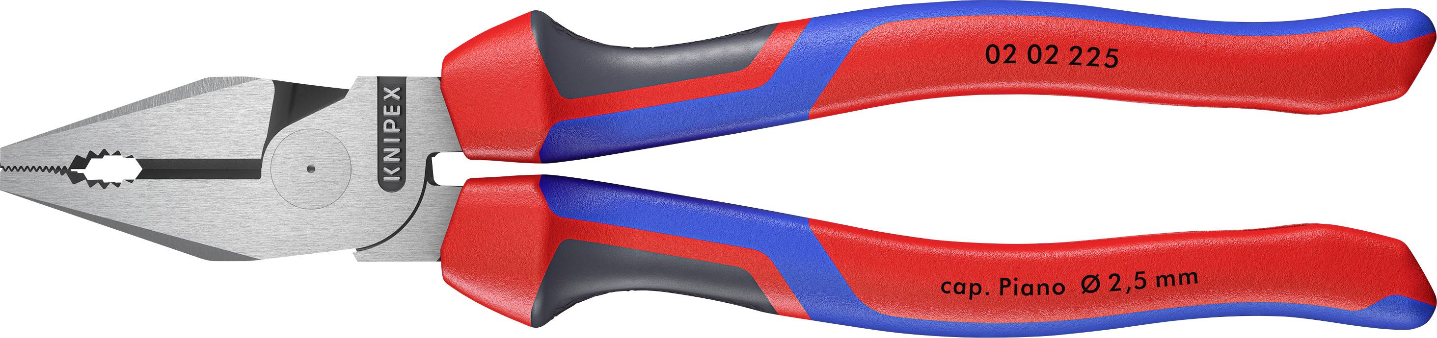 Sur l'image figure une pince multifonction rouge à poignées bleues de Knipex portant la mention « cap. Piano Ø 2,5 mm ».