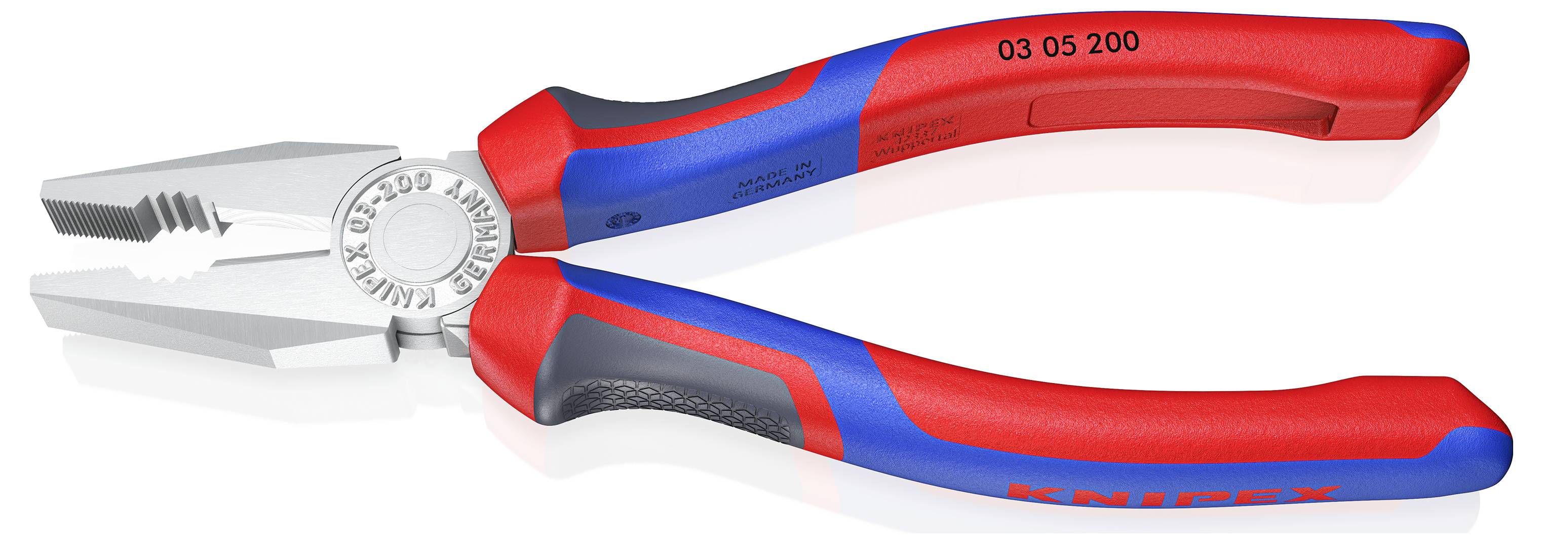 Une pince multifonction avec des poignées rouges et bleues, adaptée pour saisir et couper des fils et autres matériaux.