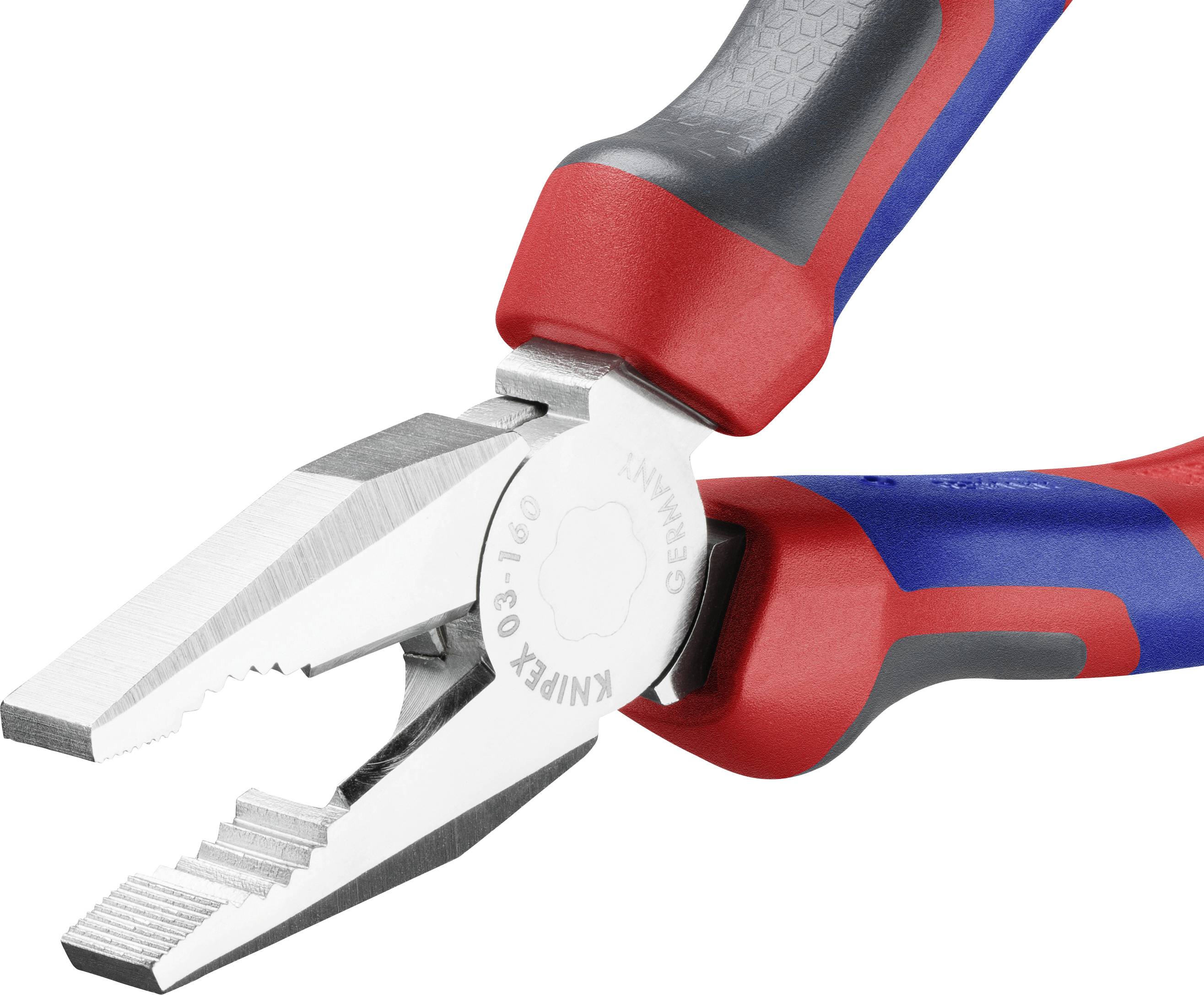 Une pince avec des poignées rouges et bleues, adaptée aux travaux de préhension et de coupe, sur un fond neutre.
