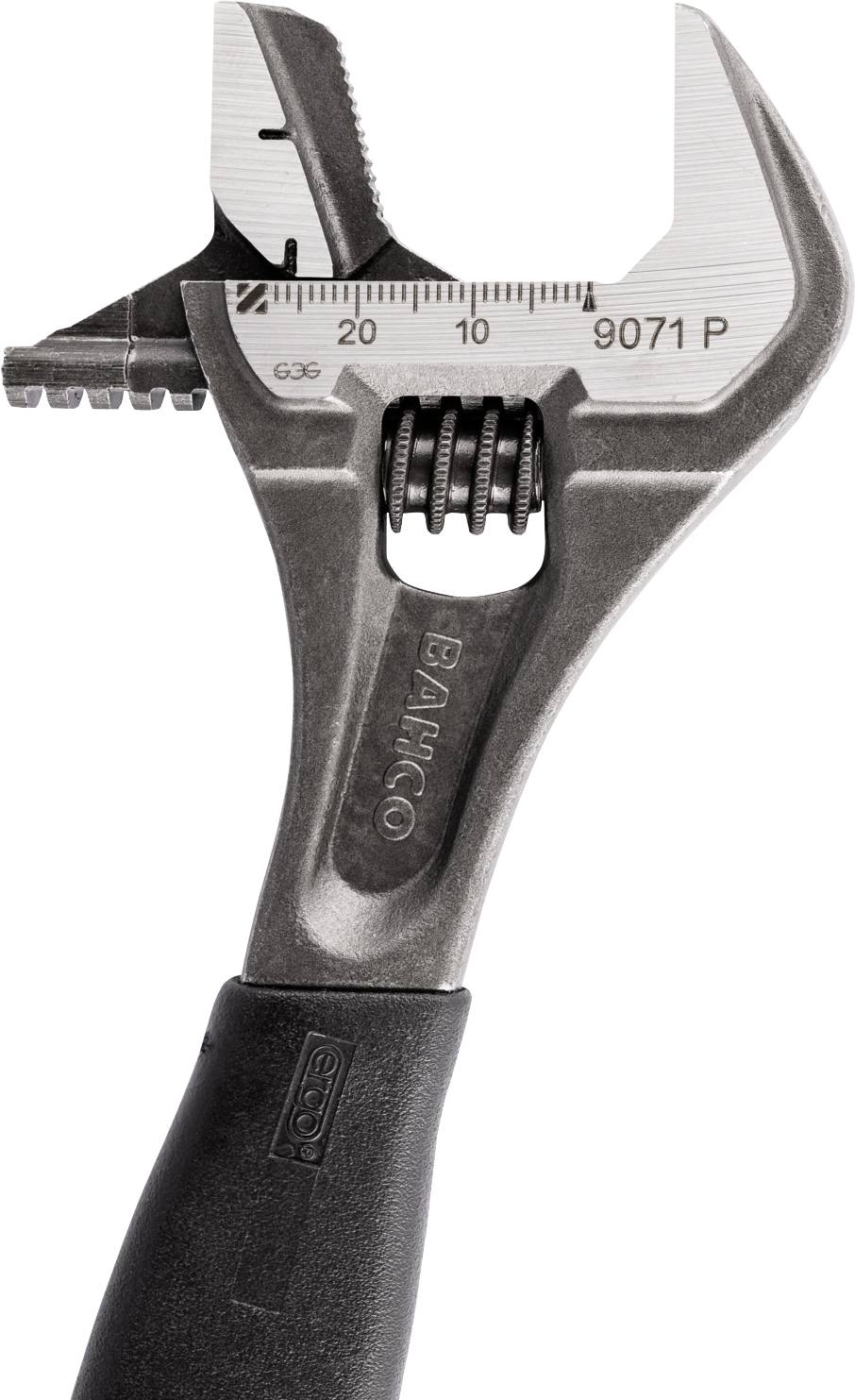 Une clé à molette réglable avec une poignée grise, ouverte jusqu'à 20 mm. 'BAHCO 9071 P' est gravé sur le métal.