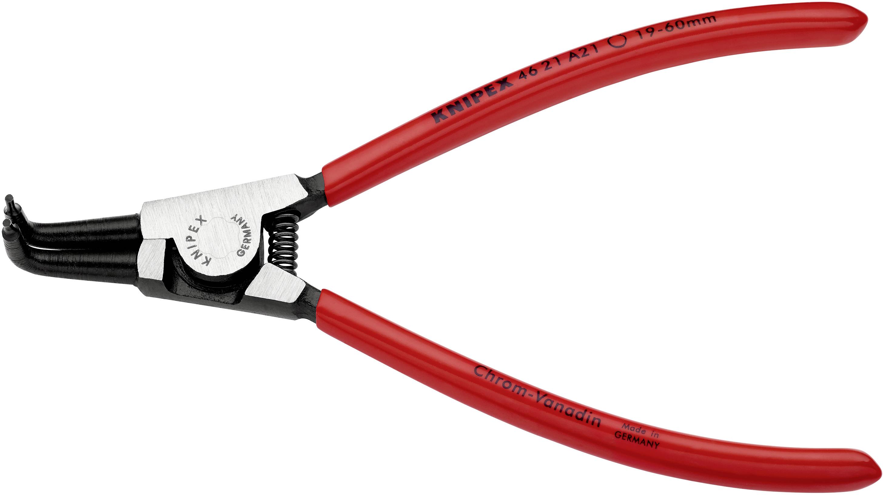 Pince à circlips rouge avec tête noire, adaptée au montage et démontage de circlips sur des arbres de 3 à 60 mm.