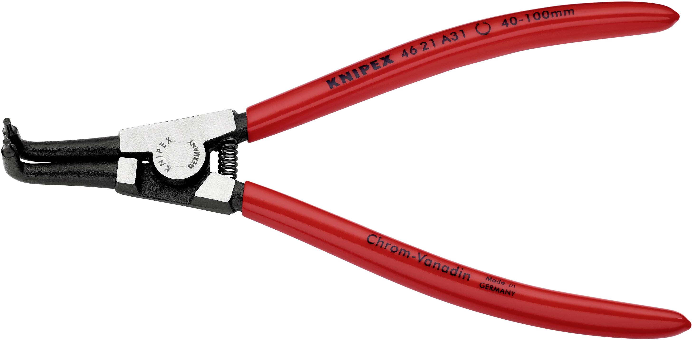 Une pince Knipex rouge avec des mâchoires noires, marquée '4621 A31' et '40-100mm', adaptée au montage des circlips.