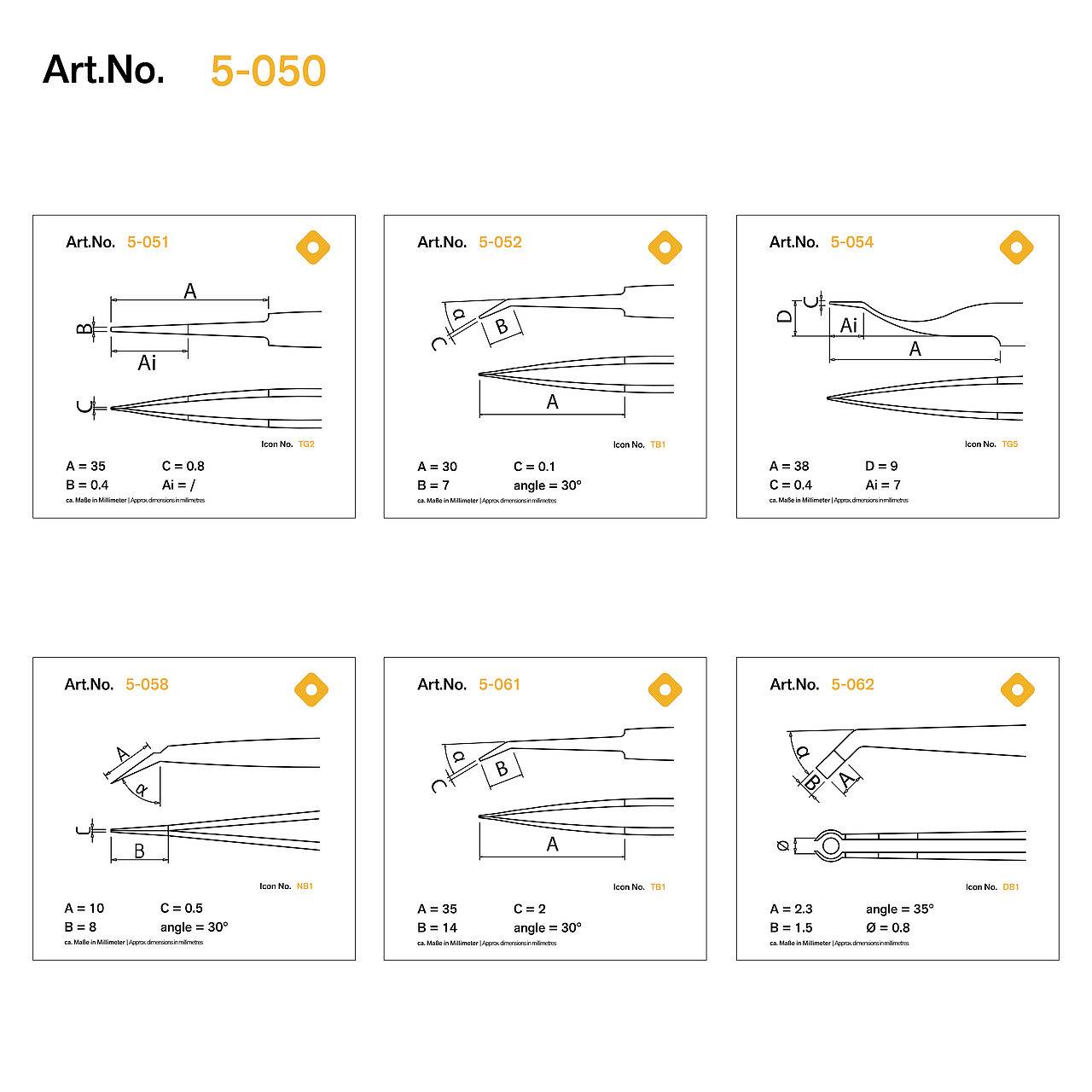 Schémas détaillés 'Art.No. 5-050' présentant les mesures et angles de six articles différents étiquetés Art.No. 5-051 à 5-062.