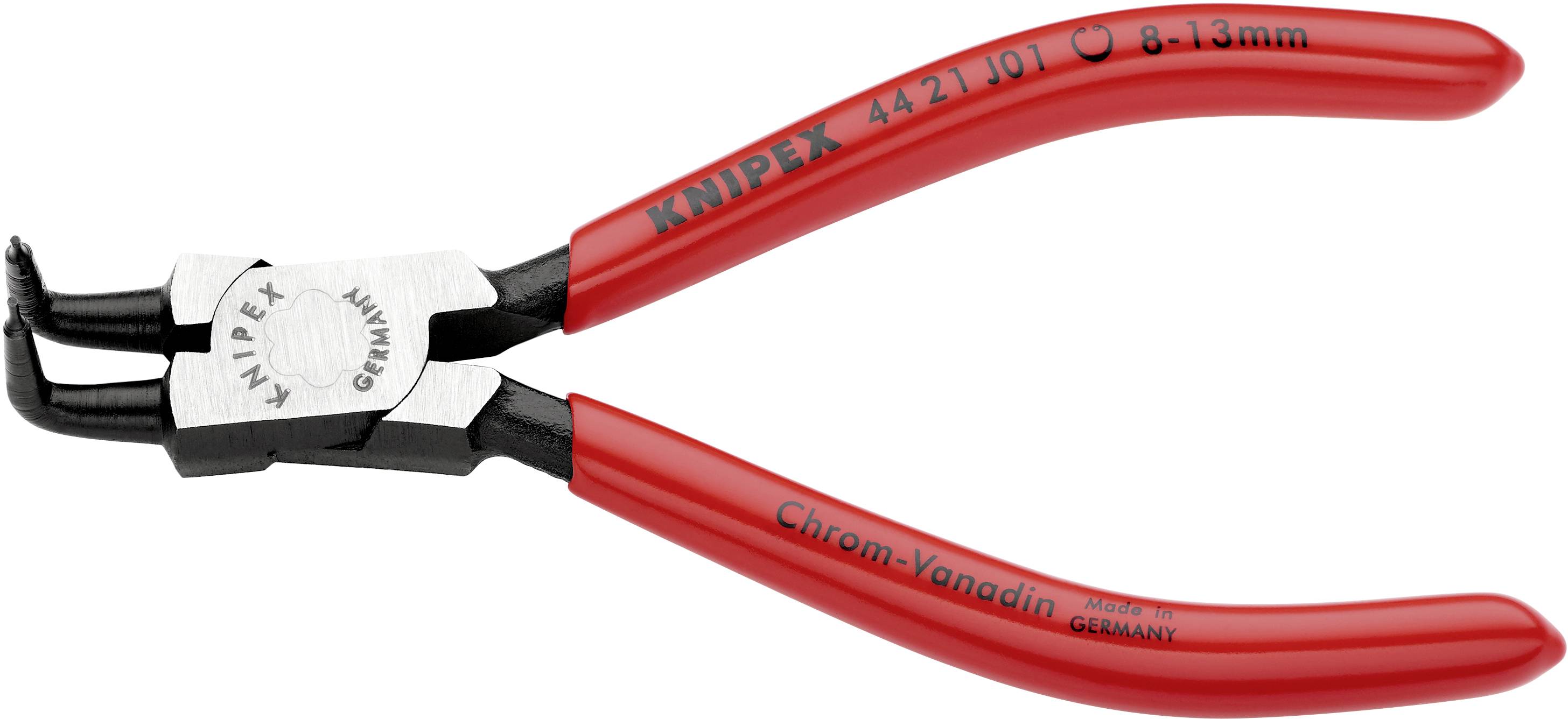 Une pince ronde Knipex rouge à bouts courbes, adaptée pour 8-13 mm, portant l'inscription 'Chrome-Vanadium' et 'Made in Germany'.