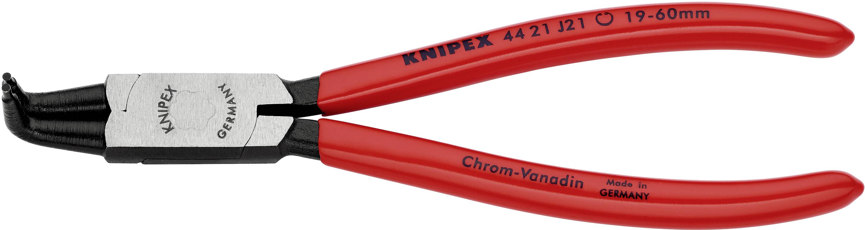 Pince circlips de mer rouge Knipex, modèle 4421 J21, adaptée aux anneaux de 19-60 mm, en acier chrome-vanadium avec poignées en plastique.