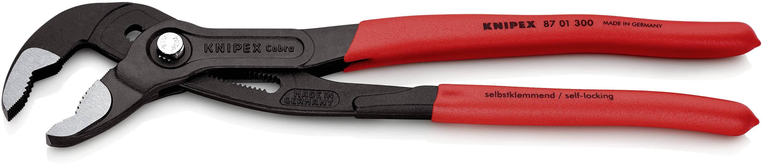 Une pince KNIPEX rouge et noire avec articulation réglable et mâchoires crantées, adaptée pour saisir et maintenir des objets.
