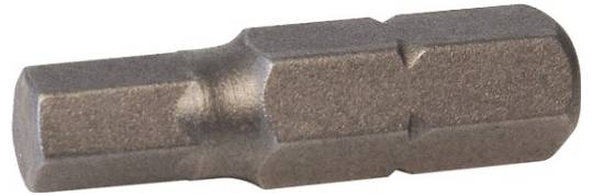 Un embout de tournevis à six pans avec une finition métallique, doté d'une pointe hexagonale utilisée pour visser et fixer des vis et des boulons à empreinte hexagonale.