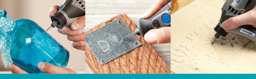 Une scène artisanale montre des travaux de détail avec un outil de gravure sur un verre bleu, une plaque métallique et une planche en bois.